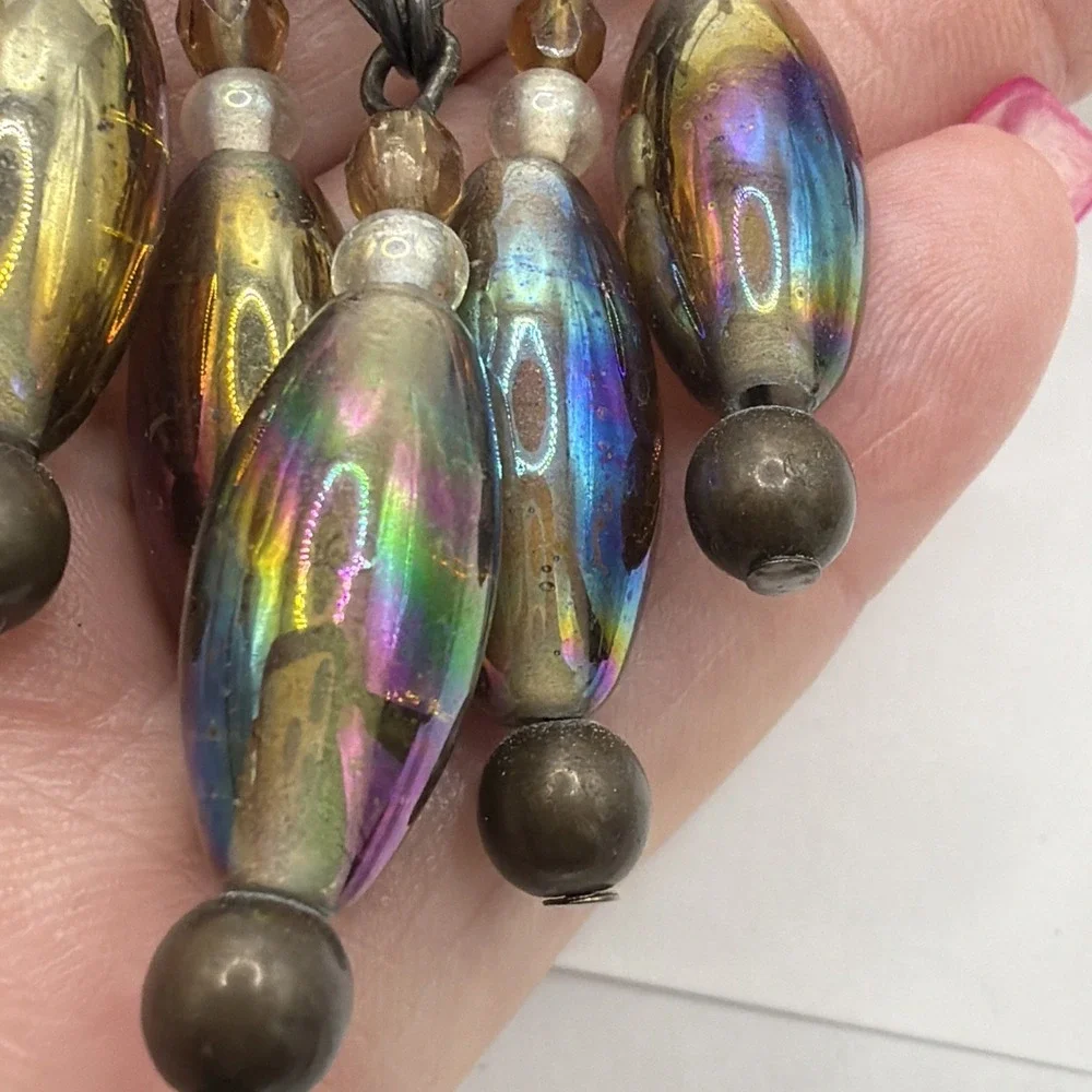 Unsigned‎ Carnival Glass Iridescent Cab & Rhinestone W/Chain Dangles Brooch